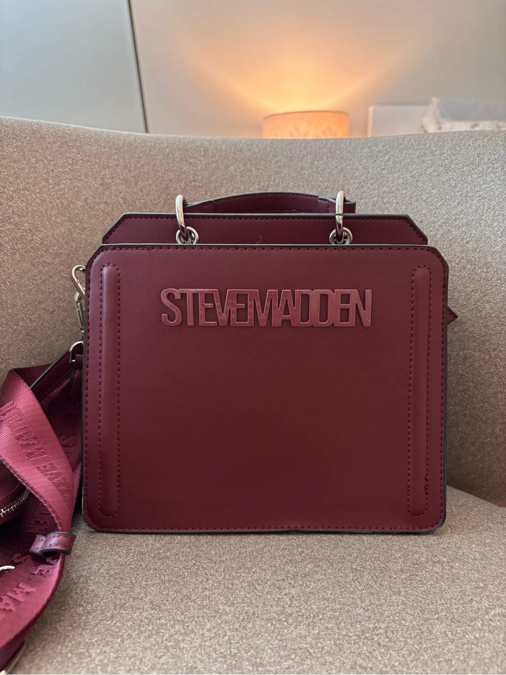 Steve Madden Burgundy Structured Satchel with Logo Detail
